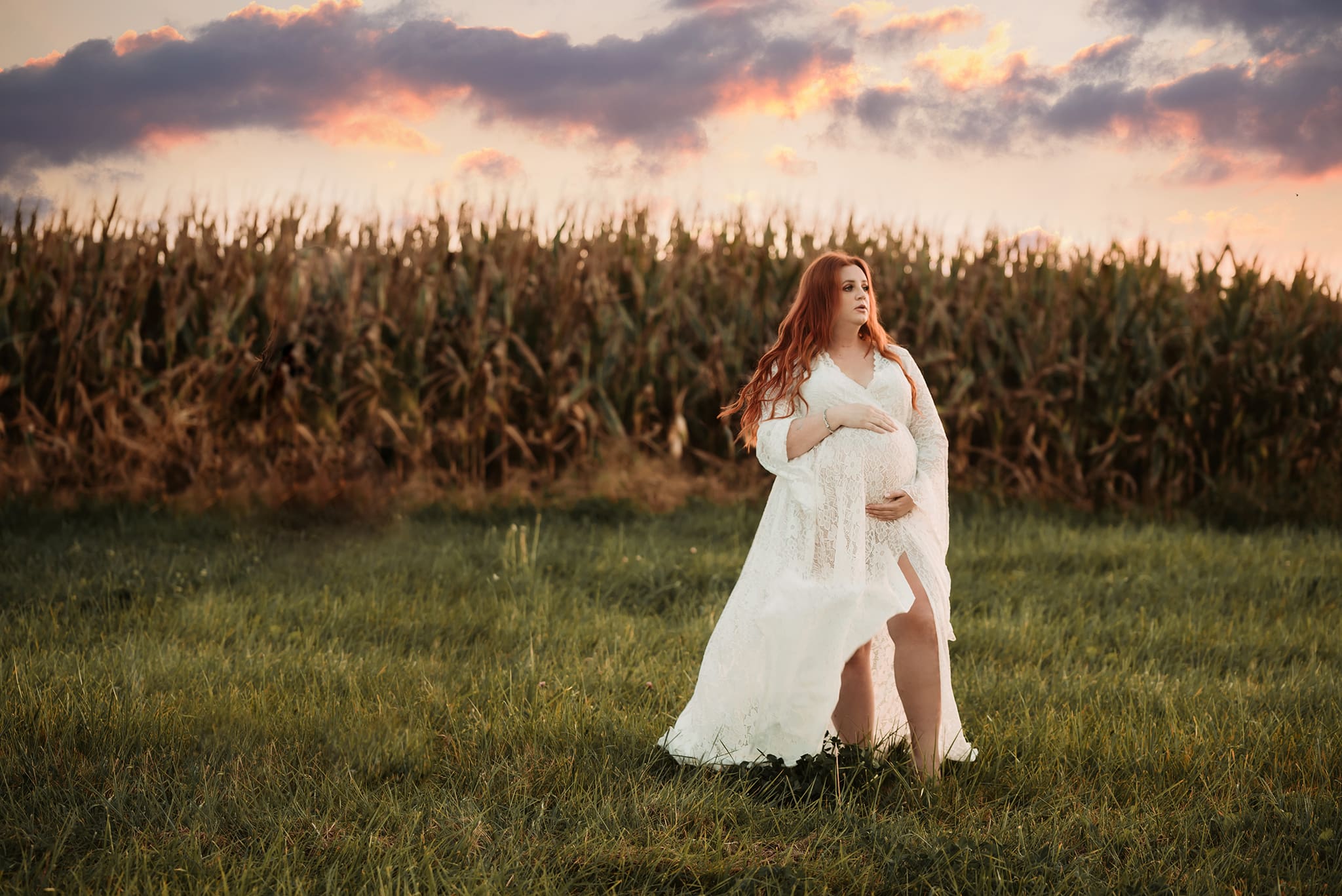 columbus ohio maternity photographer 21 Maternity session by a corn field in the fall, woman wearing a white gown holding her belly